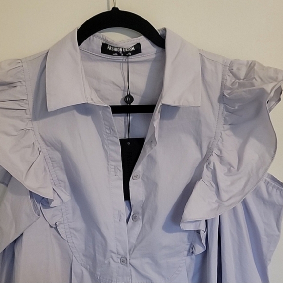 Fashion Union Blue Ruffle Sleeve Cold Shoulder Mini Dress Size 6 Tall NWT - Picture 4 of 7